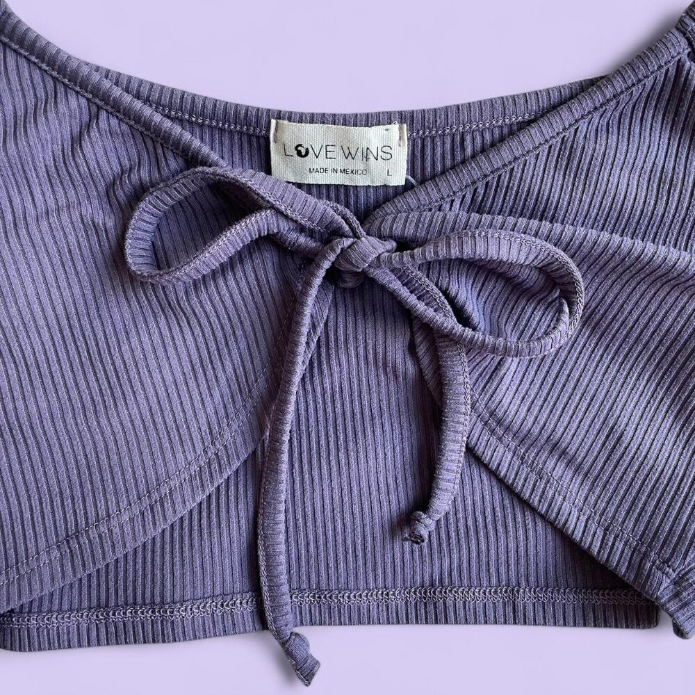 Love Wins Purple Ribbed Tie Front Crop Top – Size L - Picture 3 of 6